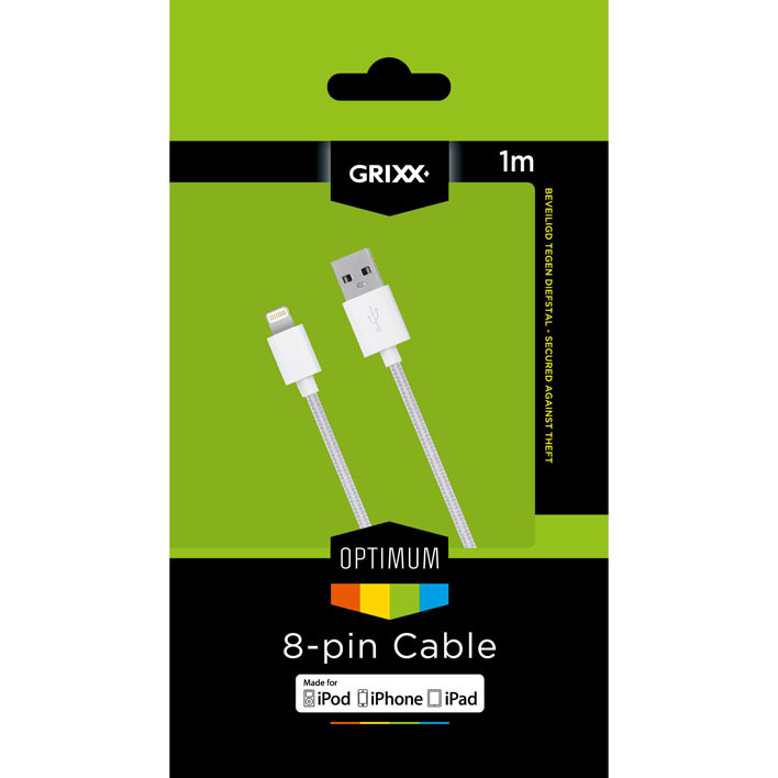 Grixx Gevlochten kabel wit 1 meter