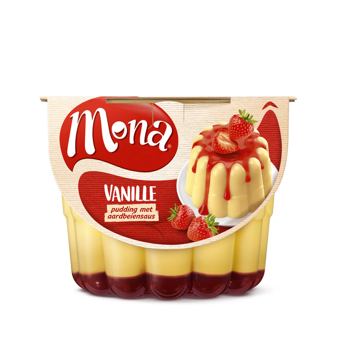 Mona Vanillepudding met aardbeiensaus