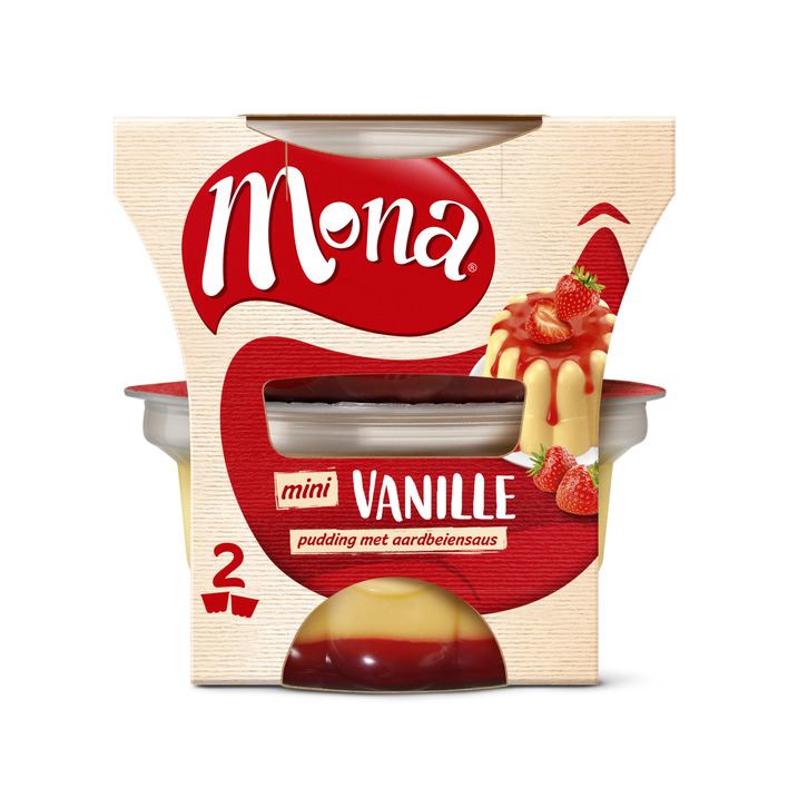 Mona Pudding vanille met aardbeiensaus duo